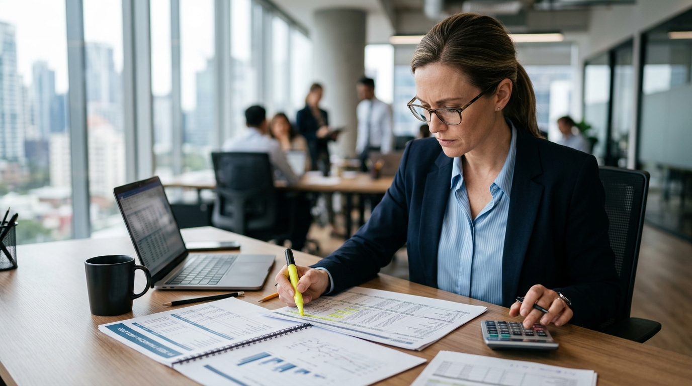 accountant analyzing financial reports
