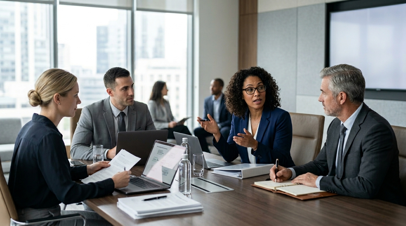 business meeting discussing compliance strategies