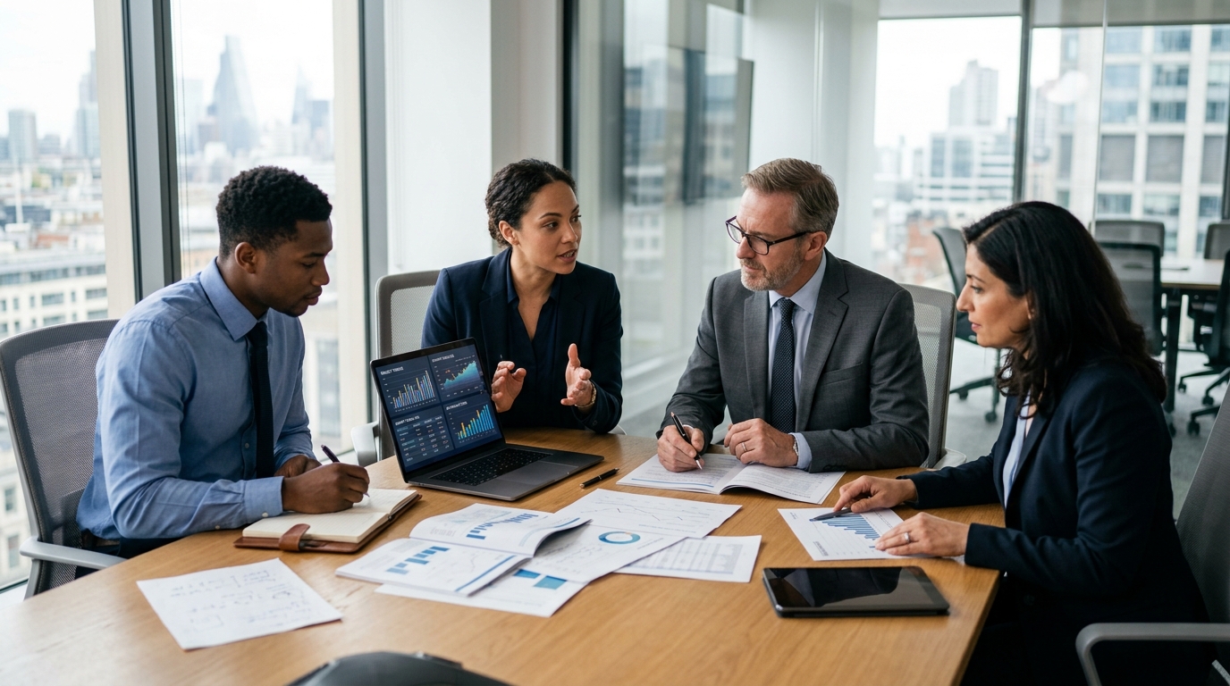 business professionals collaborating on financial strategy