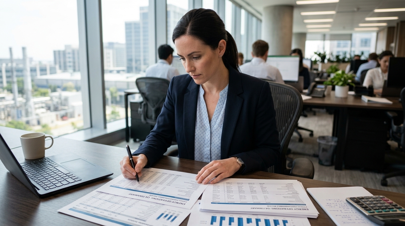 energy sector accountant reviewing financial statements