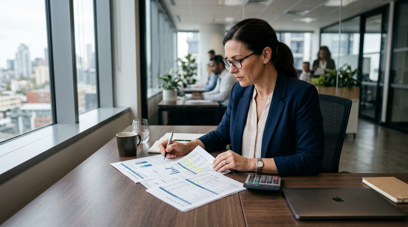 accountant reviewing financial reports