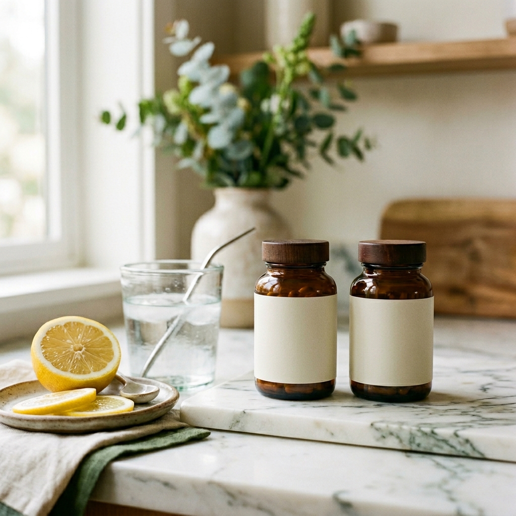 Bouteilles de complément alimentaire avec verre d'eau