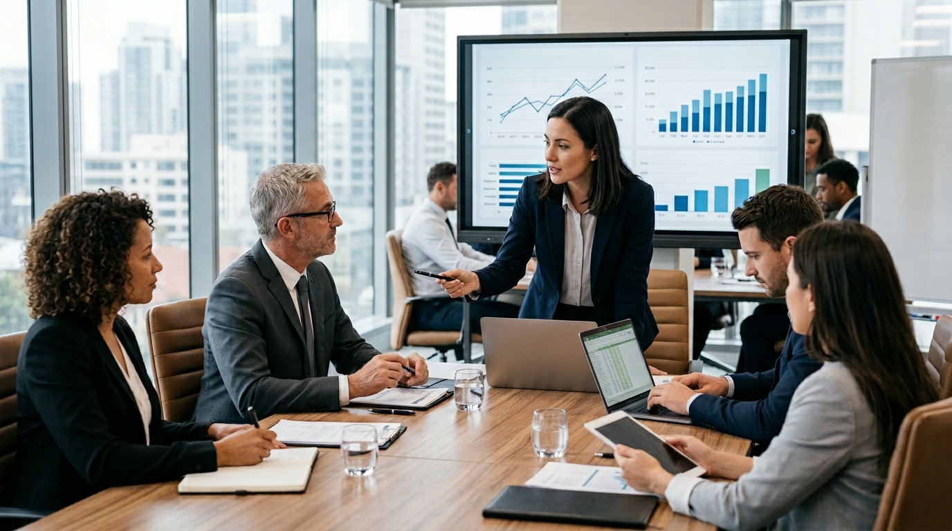 business meeting discussing financial forecasts