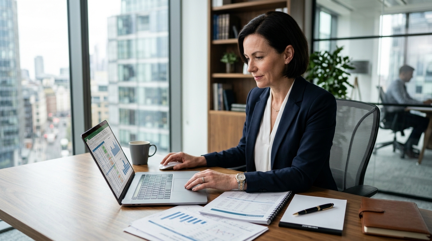 CFO working on laptop with financial reports