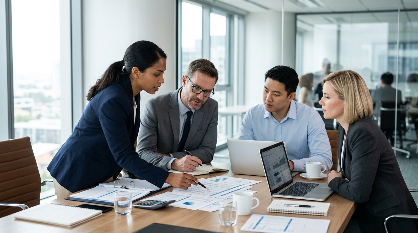 team of accountants collaborating on financial analysis