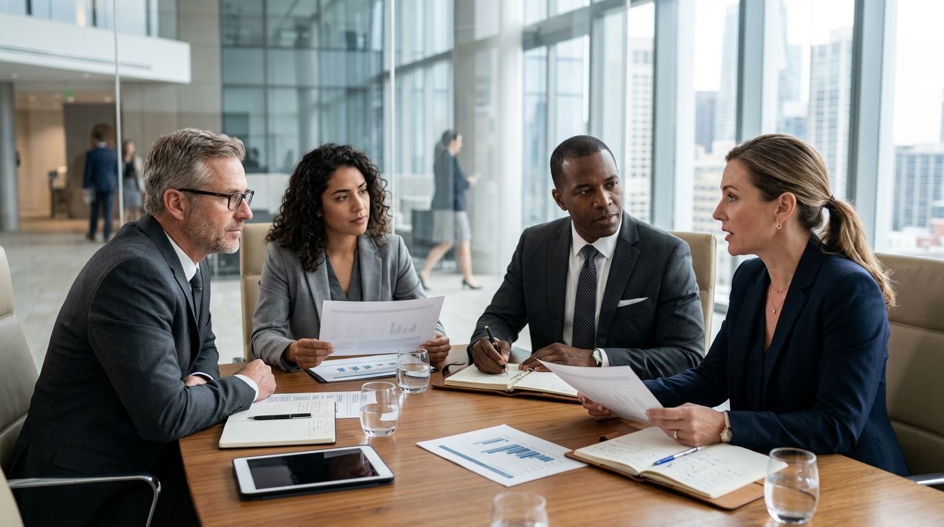 business meeting discussing financial strategies