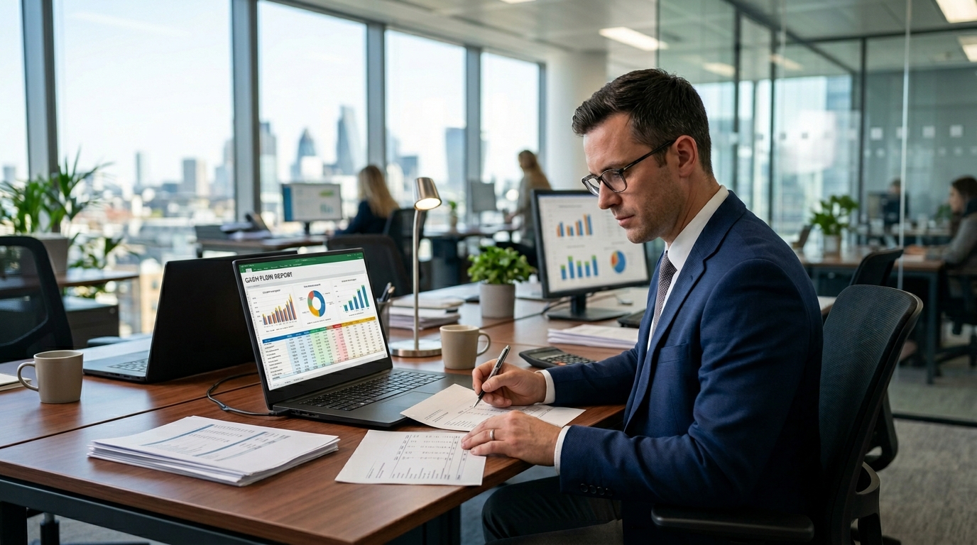 financial analyst reviewing cash flow reports