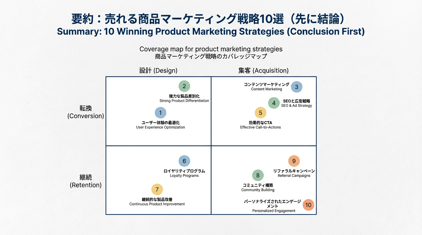 設計・集客・転換・継続の4象限に10個の施策番号をマッピングしたマーケティング戦略のカバレッジ図
