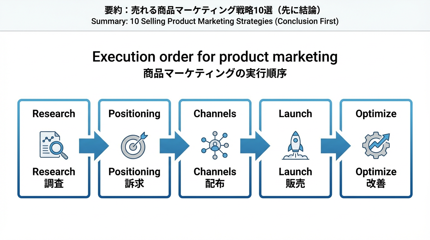 調査・訴求・配布チャネル・販売・改善の5ステップを左から右へ矢印でつないだ実行フロー図