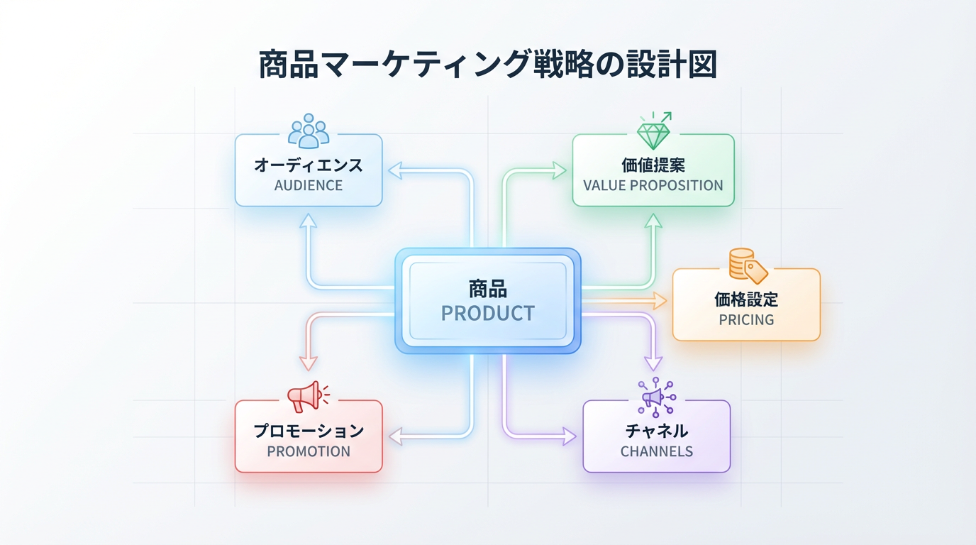 中央の商品ボックスから、ターゲット・価値提案・価格・チャネル・プロモーションの5つの要素へ線が伸びる設計図イラスト