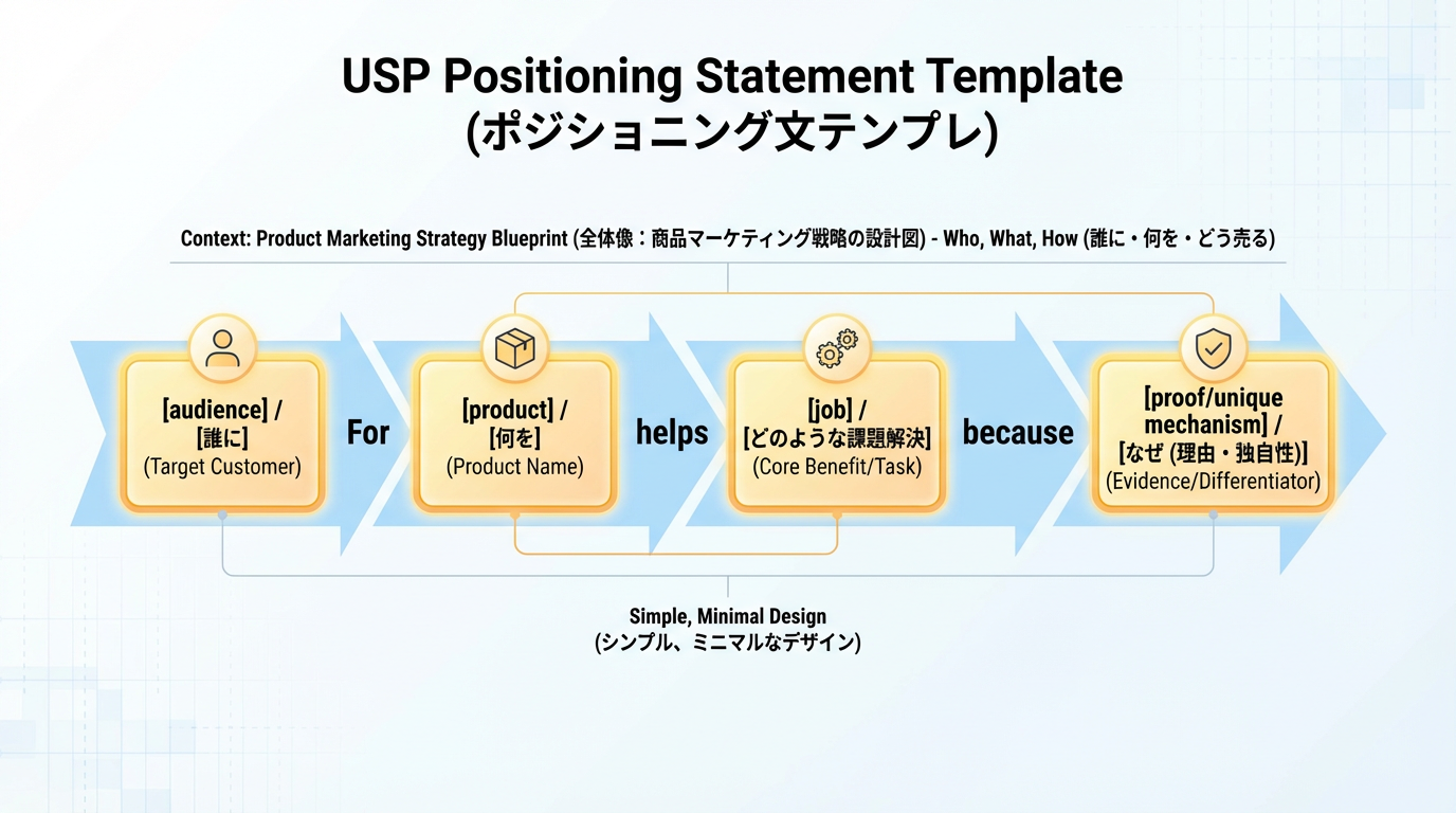 誰に・何を・なぜという3つの要素を含むUSPポジショニング文テンプレートをハイライトしたインフォグラフィック