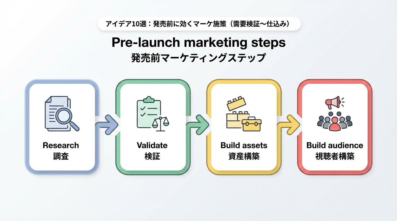 調査・需要検証・アセット構築・オーディエンス構築の4ステップで構成された発売前マーケティングのフロー図