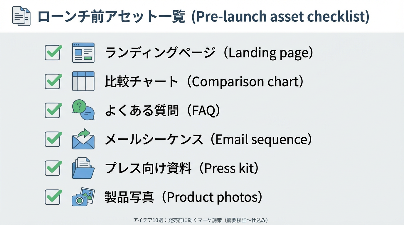 LP・比較表・FAQ・メールシーケンス・プレスキット・商品写真などローンチ前に準備すべきアセットを一覧にしたチェックリスト図
