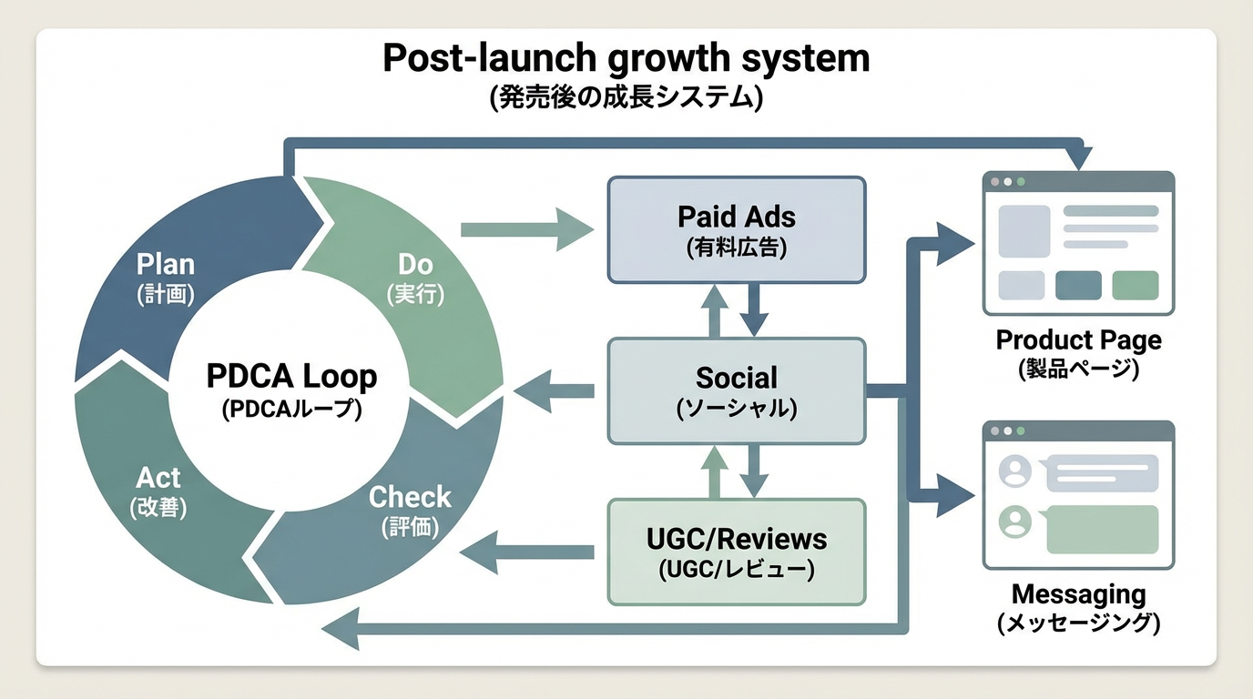 PDCAサイクルと、広告・SNS・UGC/レビューの3チャネルが連動して商品ページやメッセージングにフィードバックされる成長システムの図