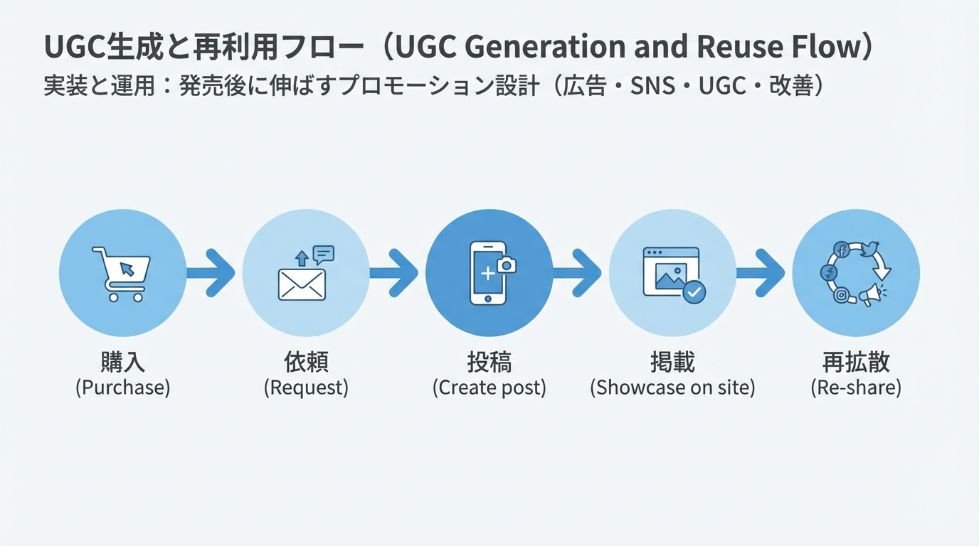 購入・依頼・投稿・サイト掲載・再拡散の5ステップでUGCを生成し活用する流れの図