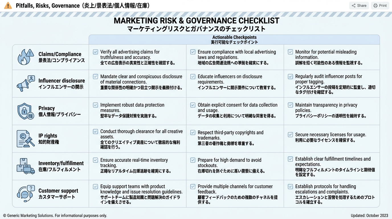 景表法・インフルエンサー開示・プライバシー・権利・在庫・カスタマーサポートなどマーケティングに伴う主要リスクをチェックリスト化した図