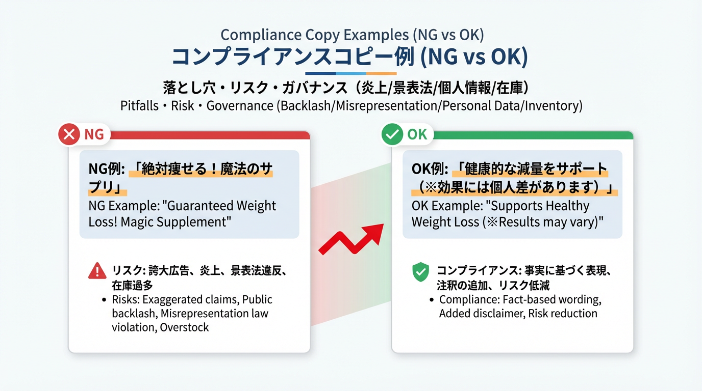 誇大表現のNG文言と、根拠を添えたOK表現を左右のカードで比較したコンプライアンスコピーの例