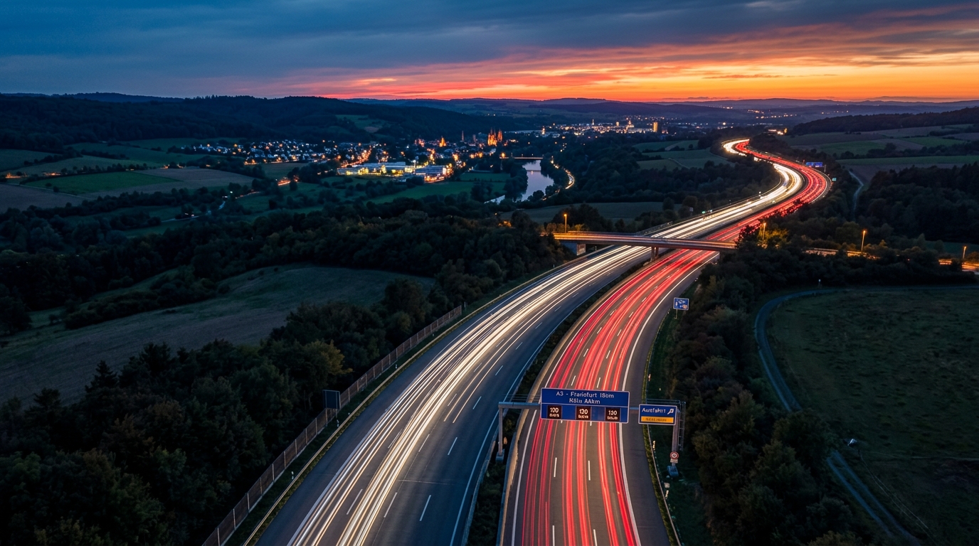 Vogelperspektive auf die deutsche Autobahn bei Dämmerung