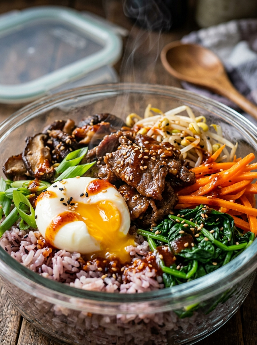 Bibimbap Bowl Meal Prep Recipe (Easy & Healthy) closeup detail