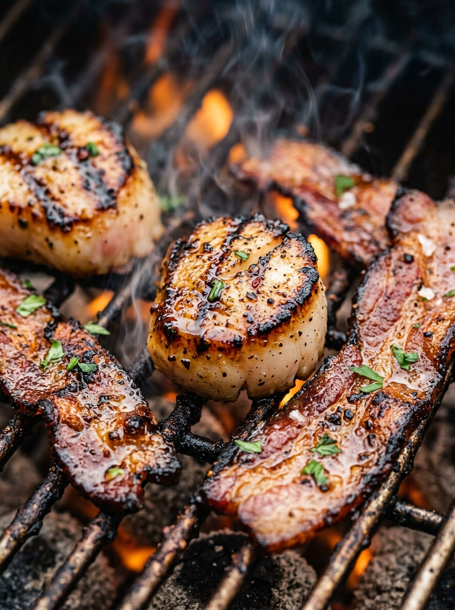 Grilled Scallops Recipe with Crispy Bacon on the BBQ closeup detail