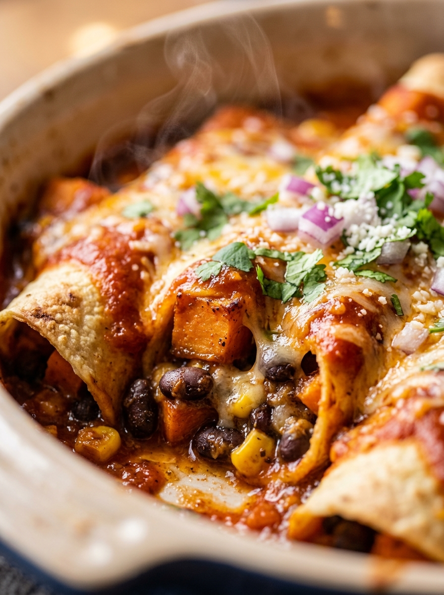 Sweet Potato Black Bean Enchiladas (Easy & Hearty) closeup detail