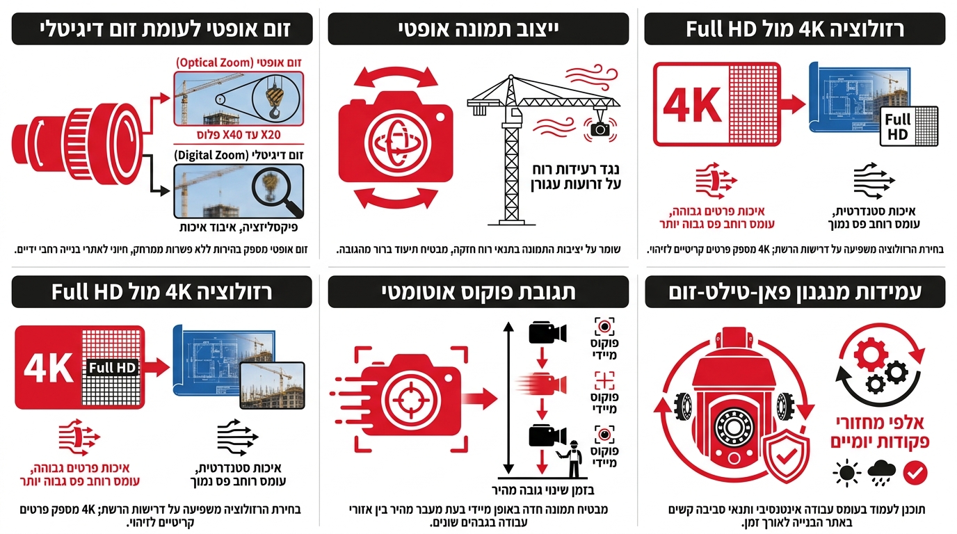השוואה בין מצלמת PTZ לעגורן צריח לבין מצלמה למנוף נייד