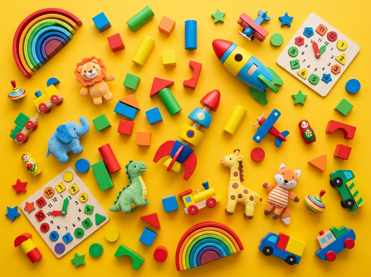 Wobbly & Co. toy collection — blocks, plush animals, puzzles and rockets