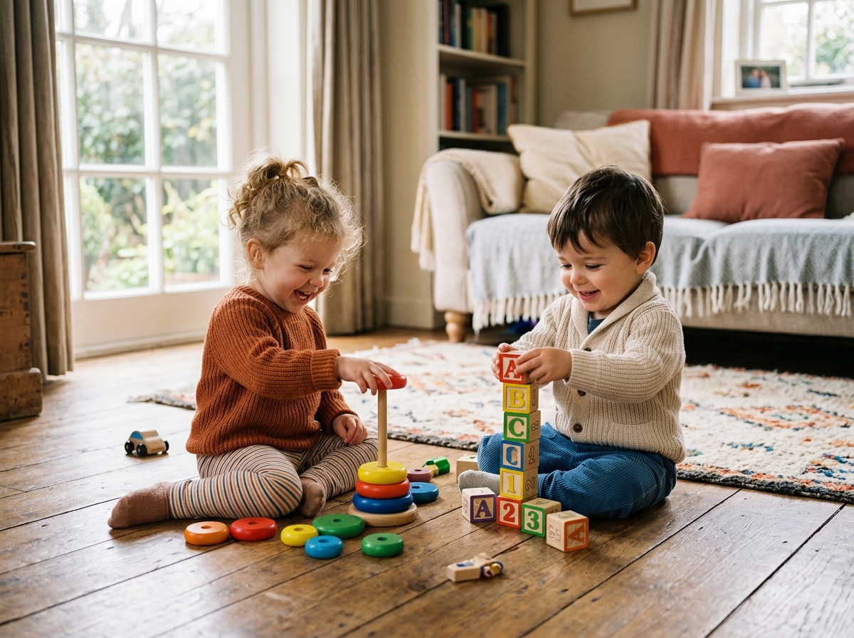 Children playing with wooden toys