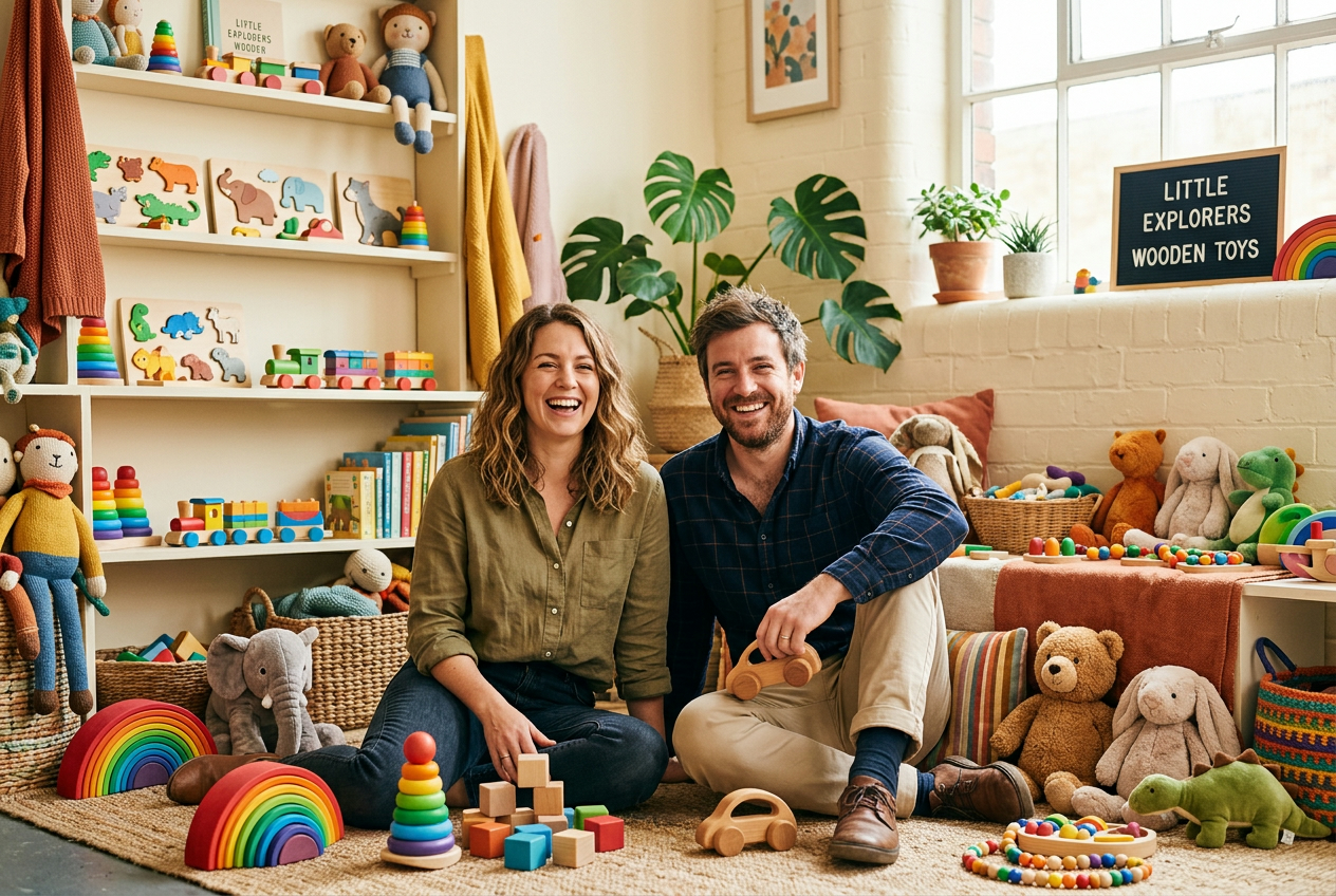 Wobbly & Co. founders surrounded by colorful toys in their studio