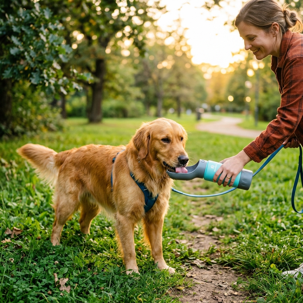 Portable pet water bottle in use outdoors