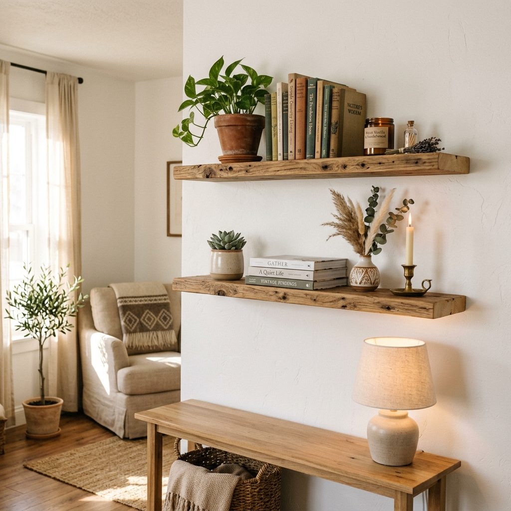 Rustic floating shelves styled in a living room
