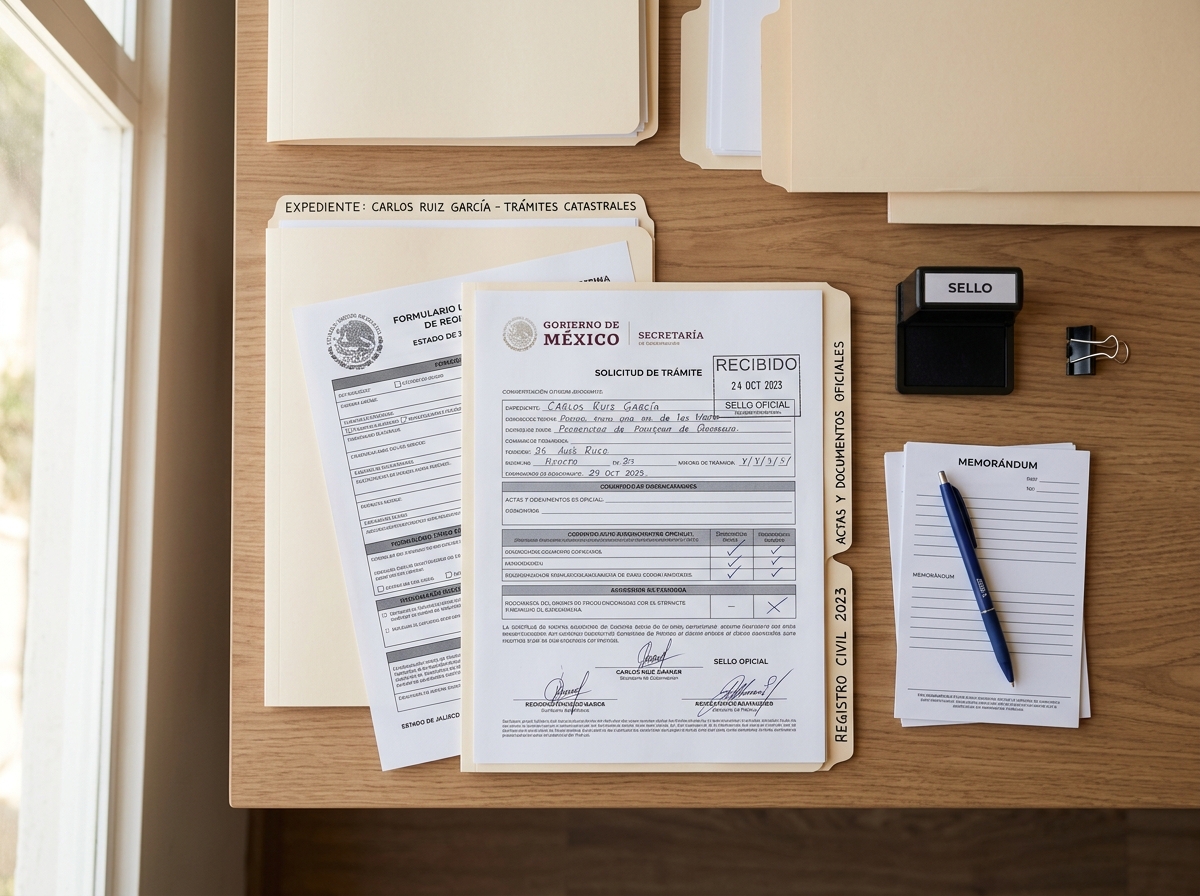 Mesa de trabajo con documentos organizados para trámites