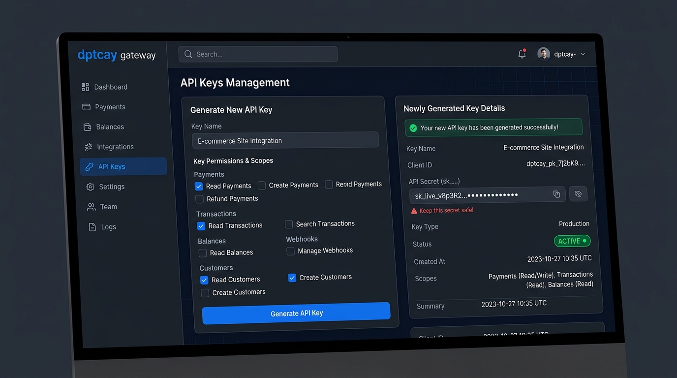 dptcay dashboard API key generation panel