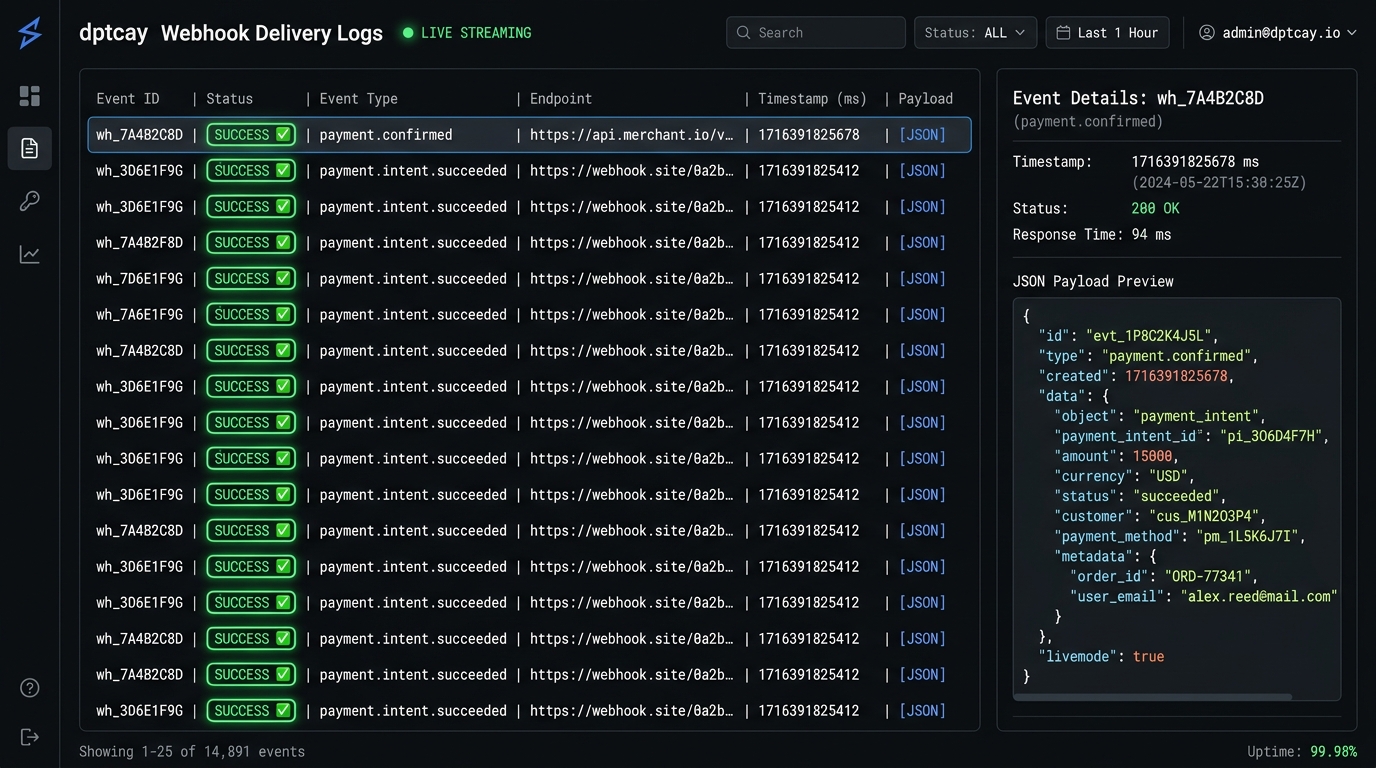 dptcay live webhook event delivery dashboard