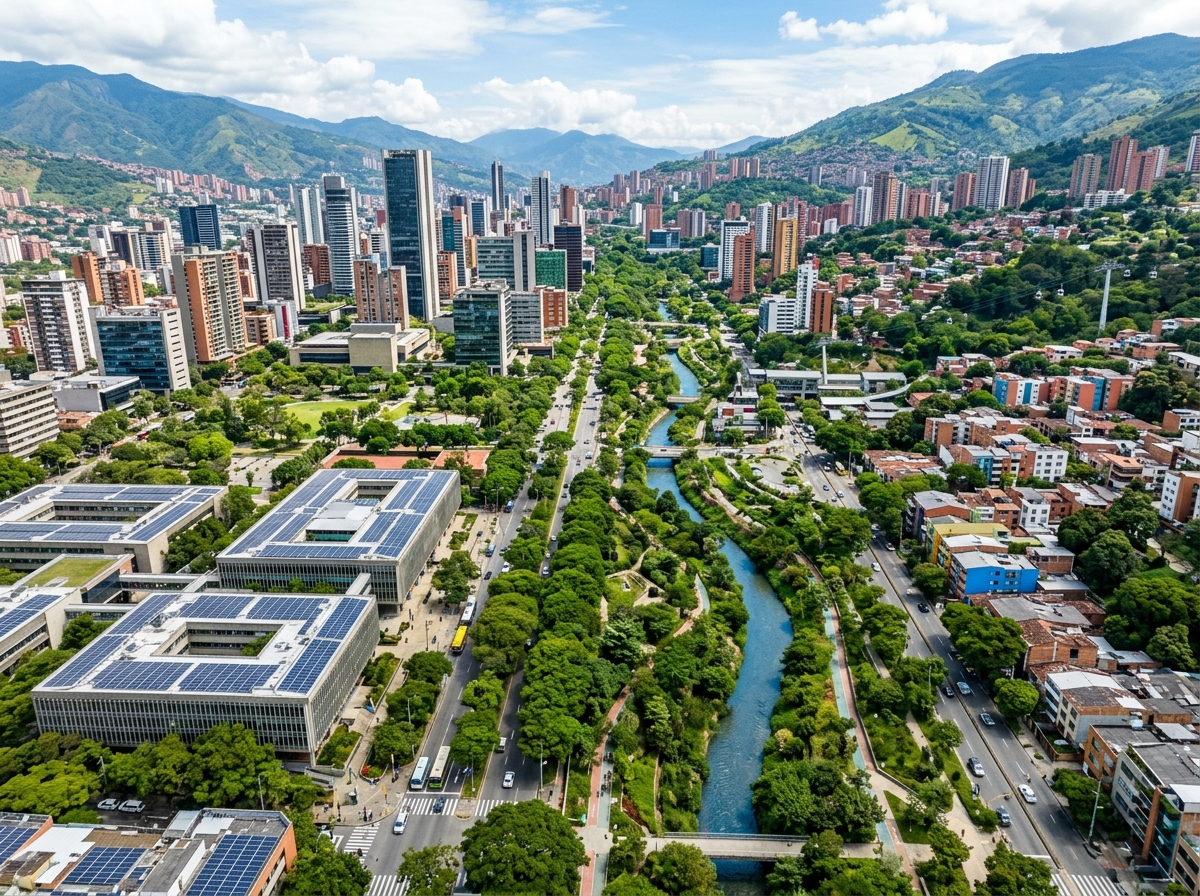 Infraestructura verde urbana con canales y paneles solares integrados en ciudad colombiana
