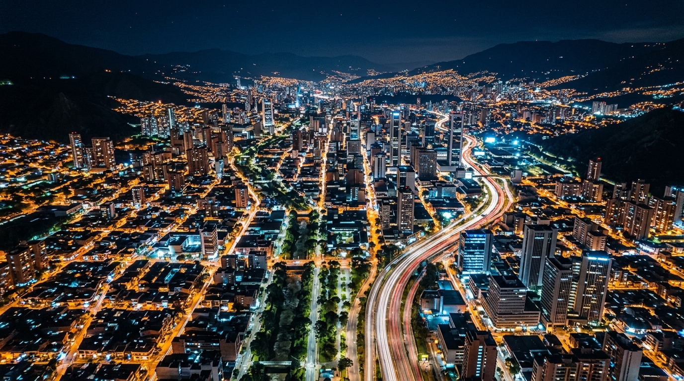 Vista aérea nocturna de ciudad colombiana