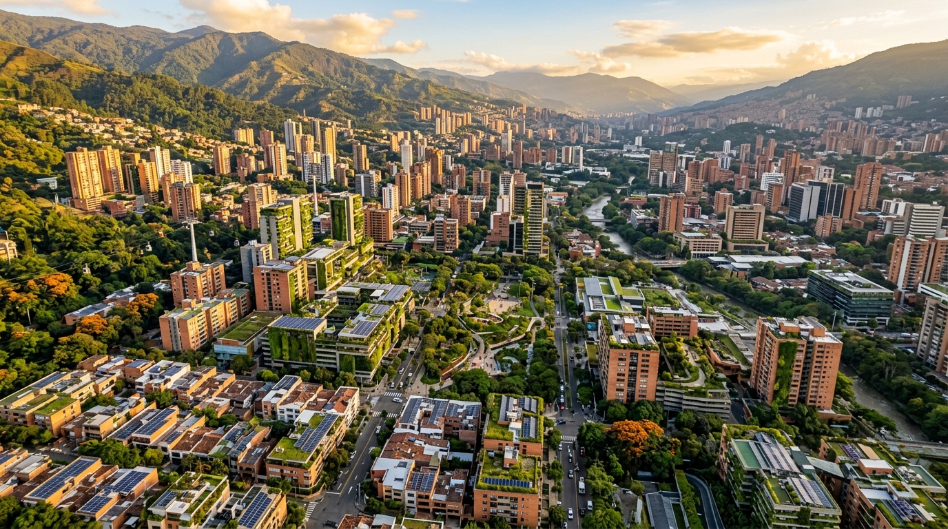 Ciudad colombiana con infraestructura sostenible, paneles solares y vegetación integrada