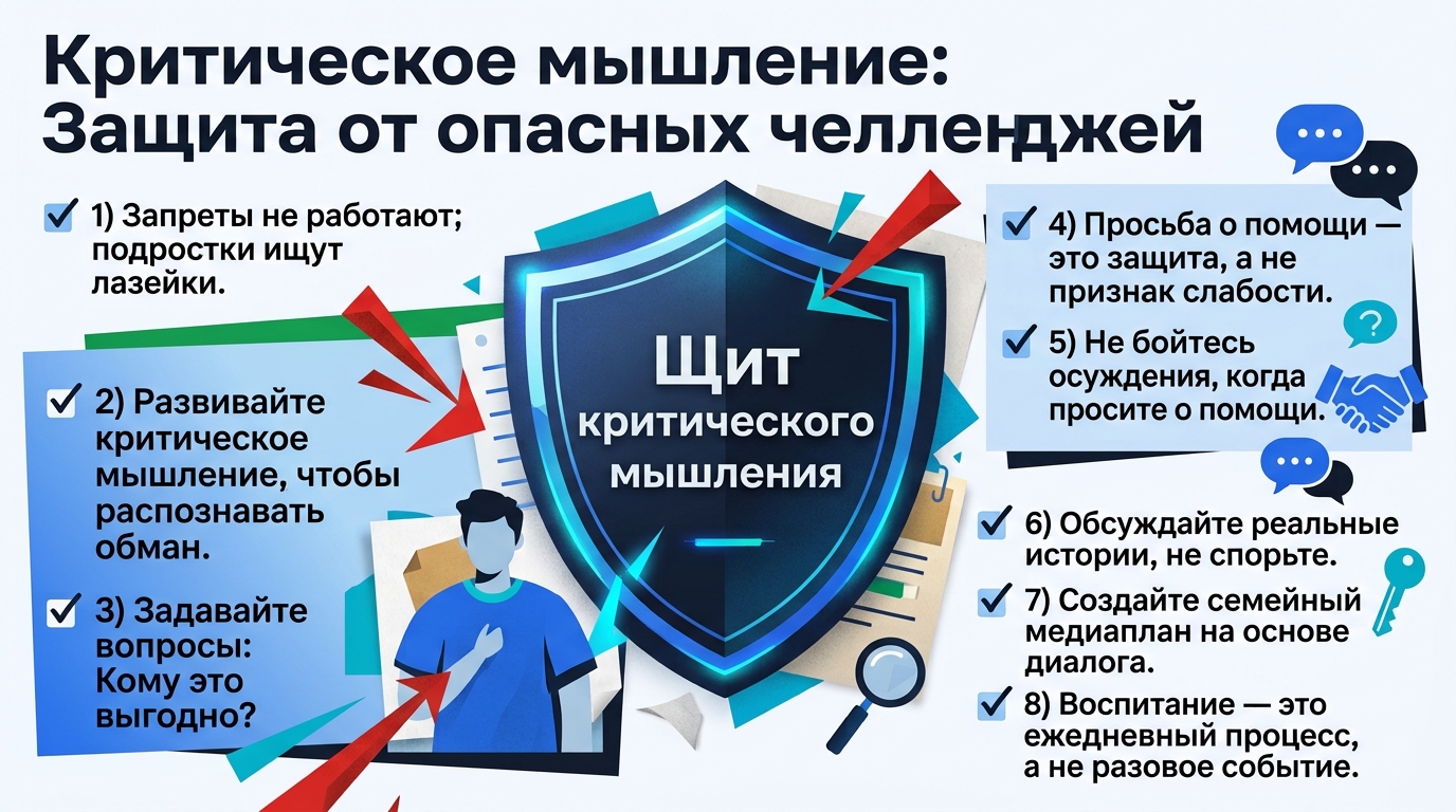 Инфографика о развитии критического мышления у детей для защиты от опасных челленджей.