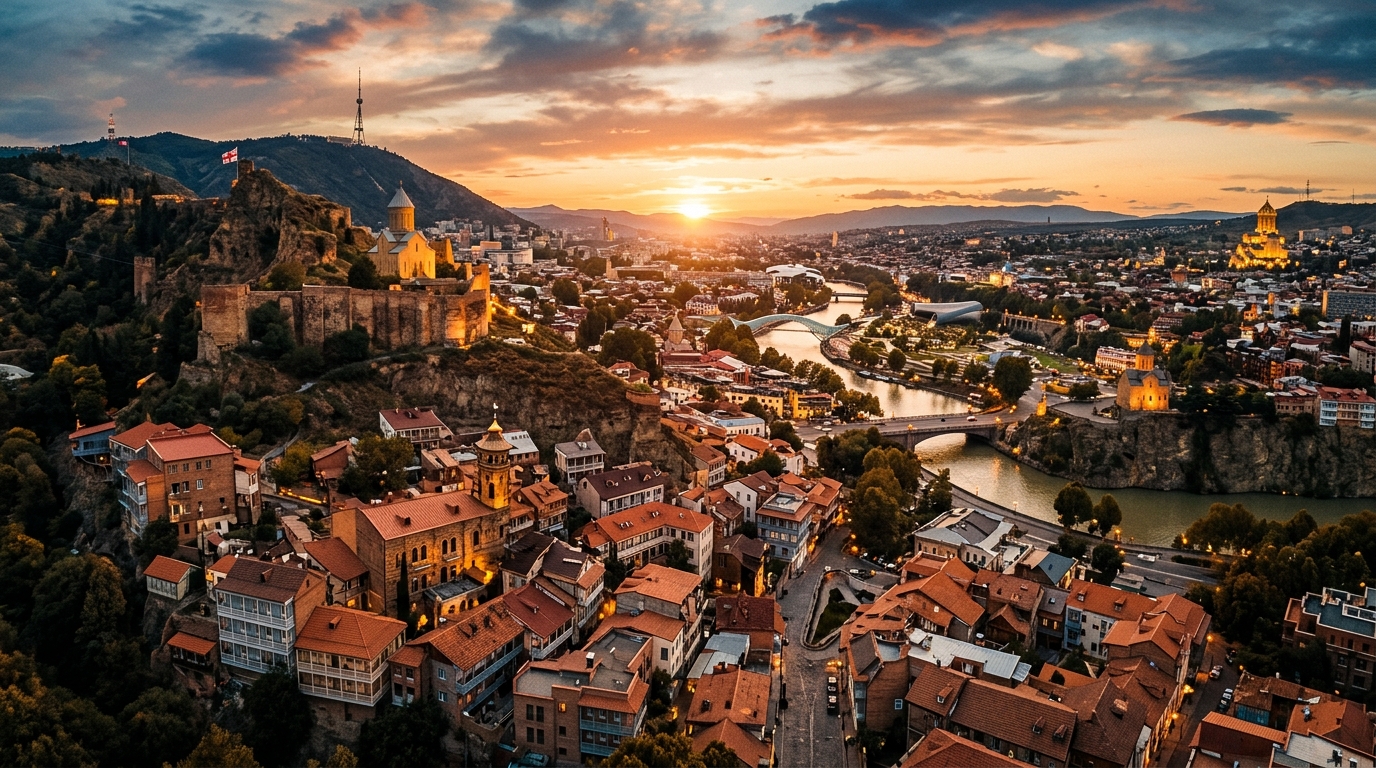 Tbilisi old town and Narikala fortress at golden hour