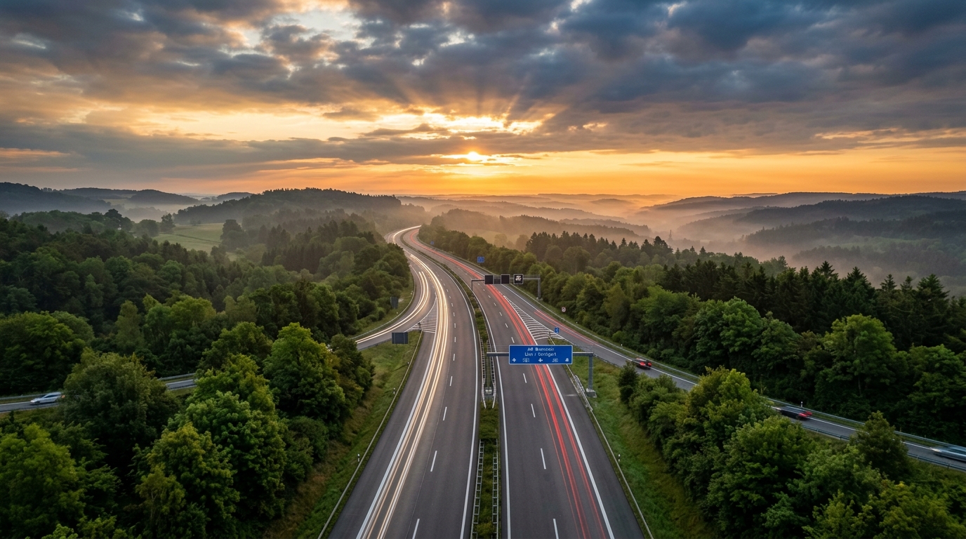 Deutsche Autobahn bei Sonnenaufgang