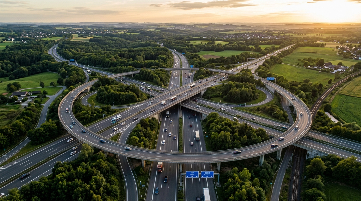 Luftaufnahme eines deutschen Autobahnkreuzes