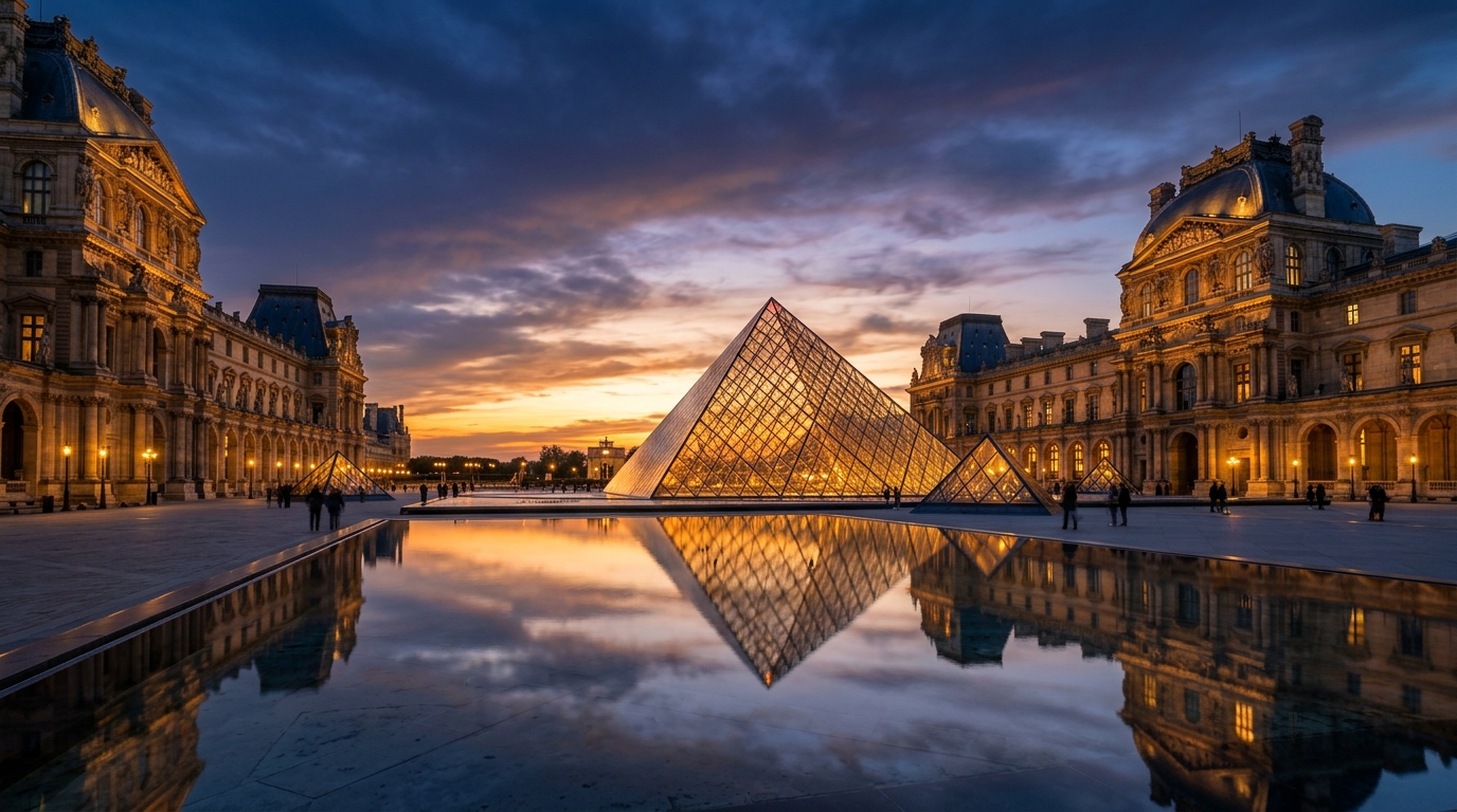 La pyramide du Louvre au crépuscule
