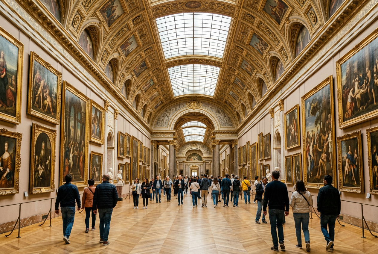 Les salles Denon du Louvre, galerie majestueuse aux plafonds ornés