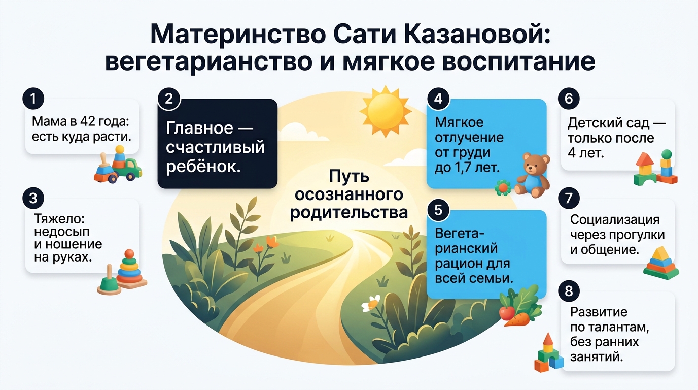Инфографика о принципах воспитания дочери Сати Казановой: вегетарианство, мягкое отлучение, отказ от сада.
