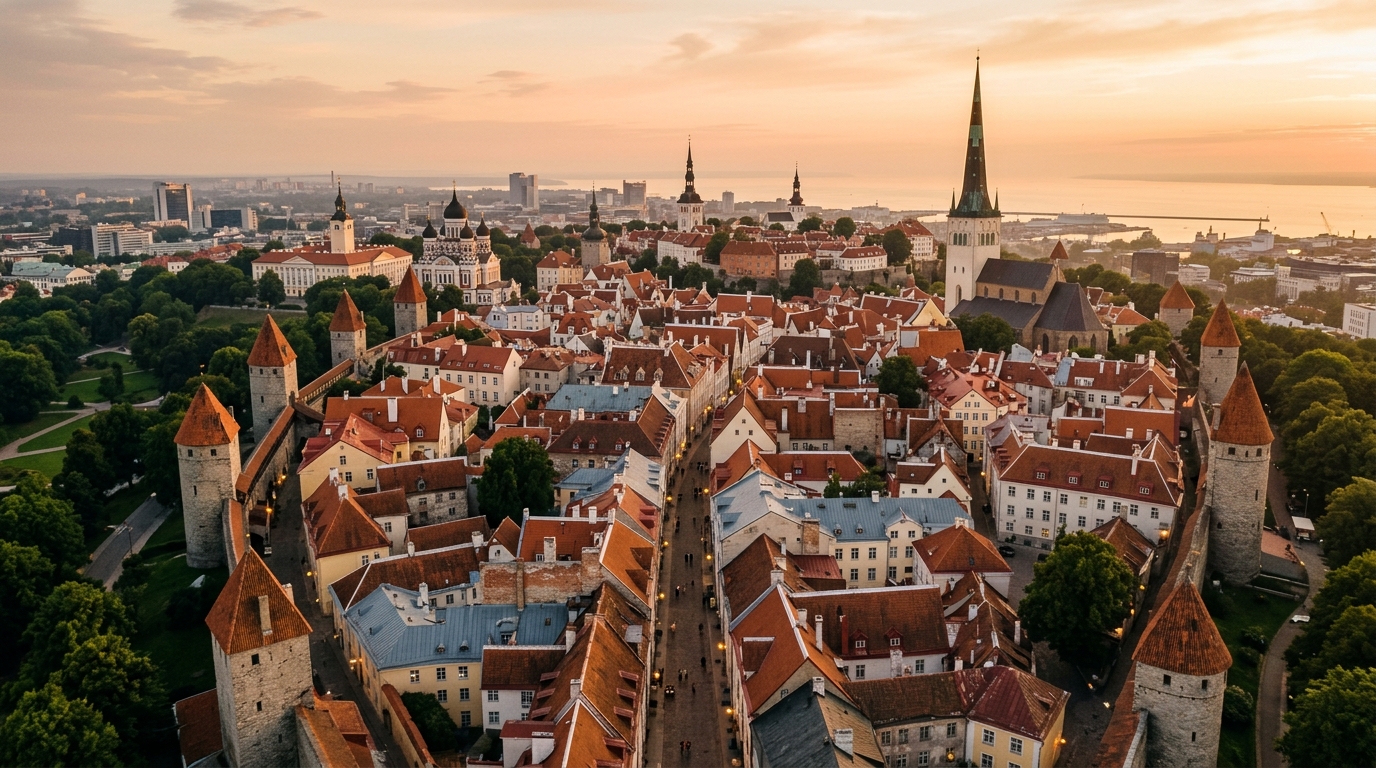 Tallinn Old Town rooftops at golden hour