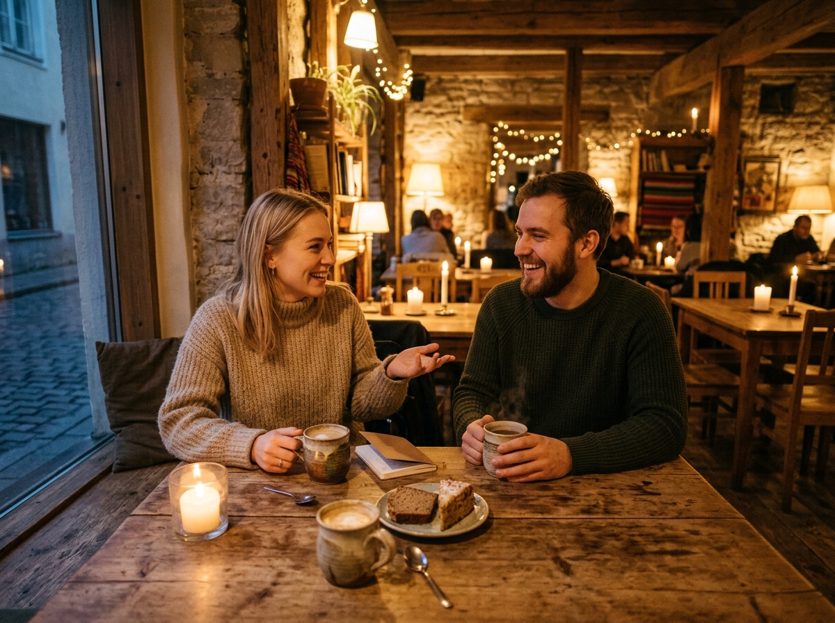 Warm Estonian locals sharing coffee