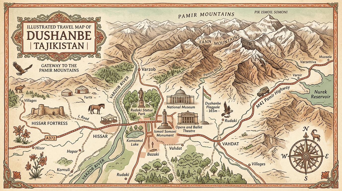 Map showing Dushanbe, Tajikistan