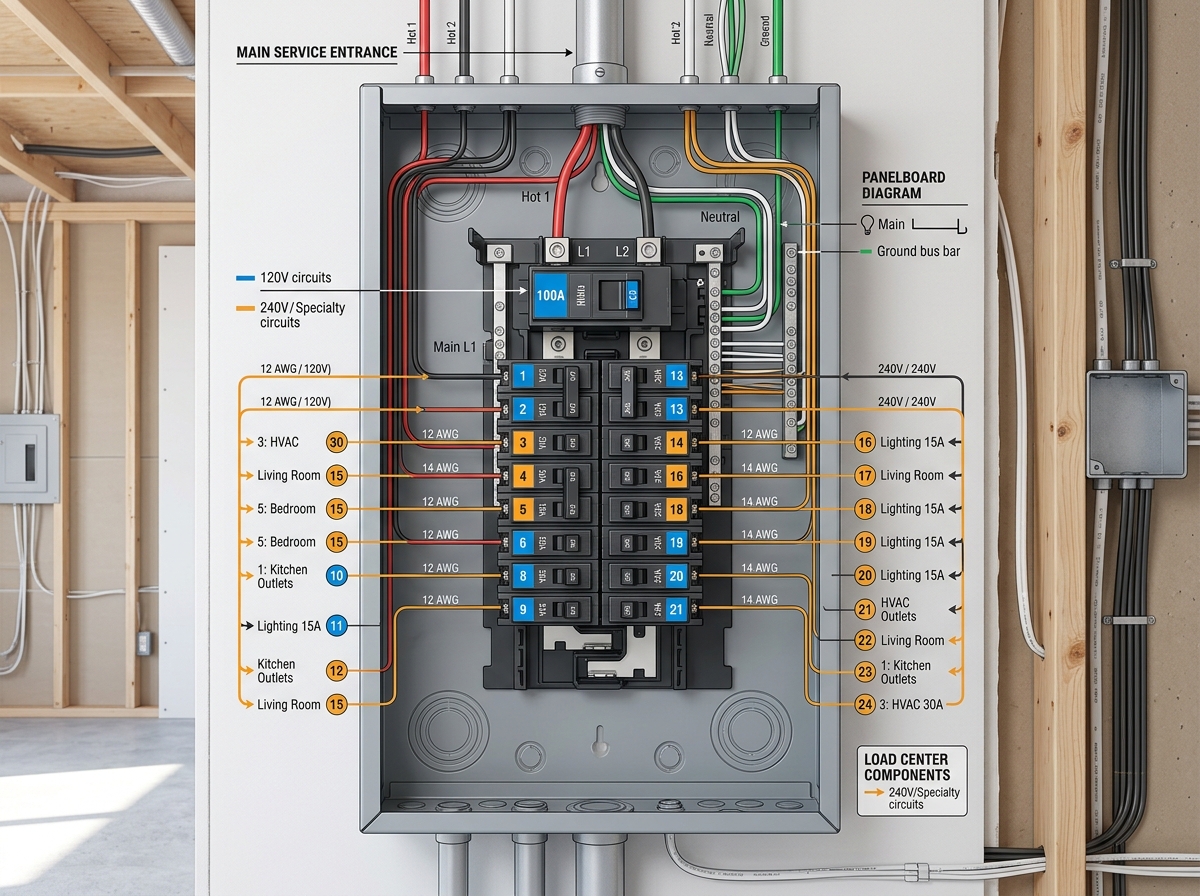 Sistema eléctrico residencial — panel de distribución y circuitos