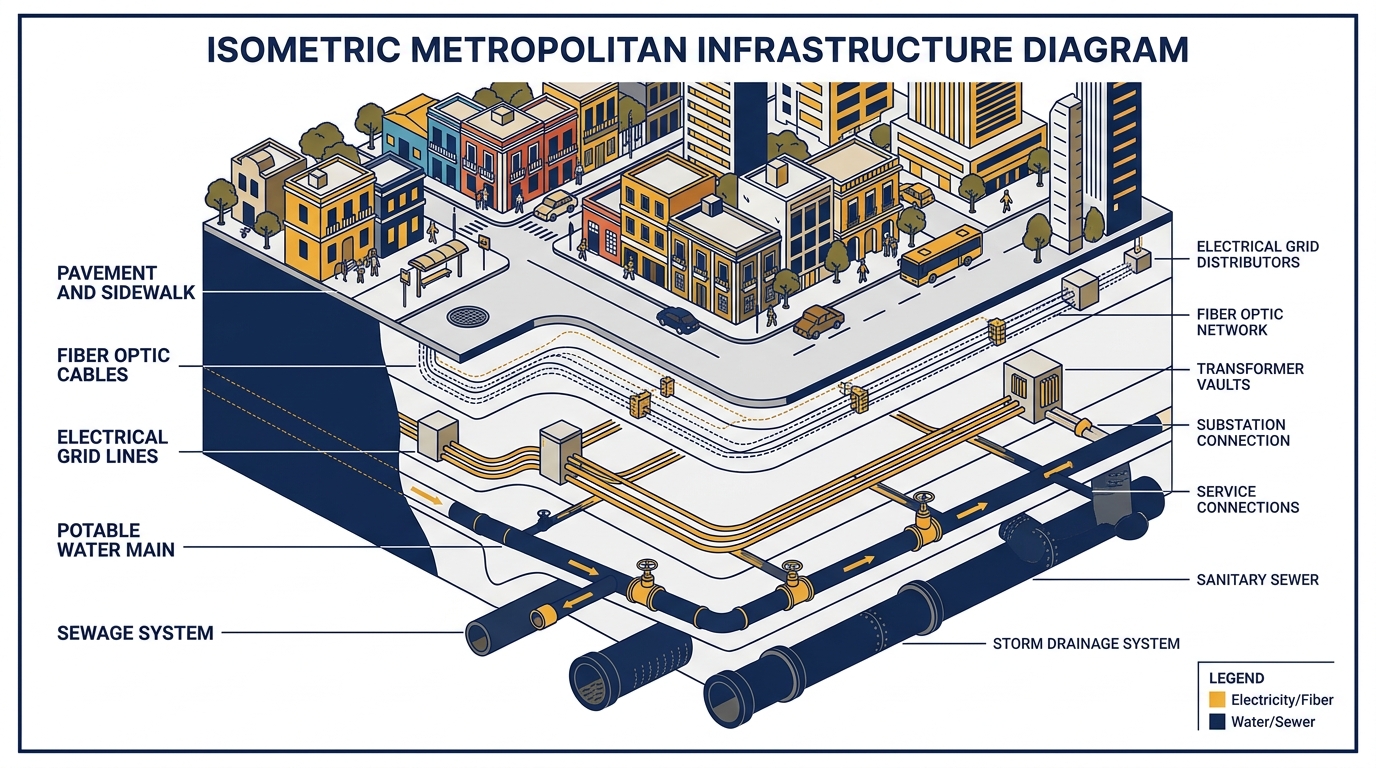 Diagrama de infraestructura urbana: redes de agua, energía y telecomunicaciones