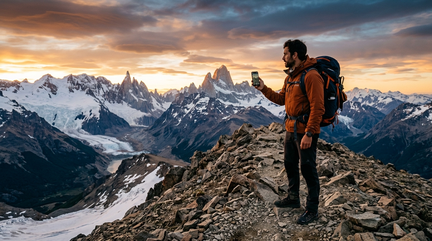 Viajero en la Cordillera de los Andes con smartphone